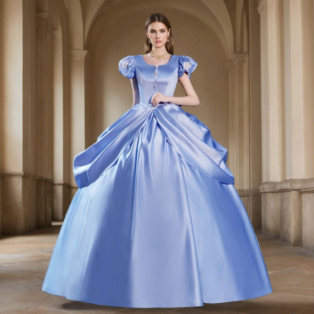 Rococo Victorian Masquerade Ball Gown with Short Sleeves and Round Neck