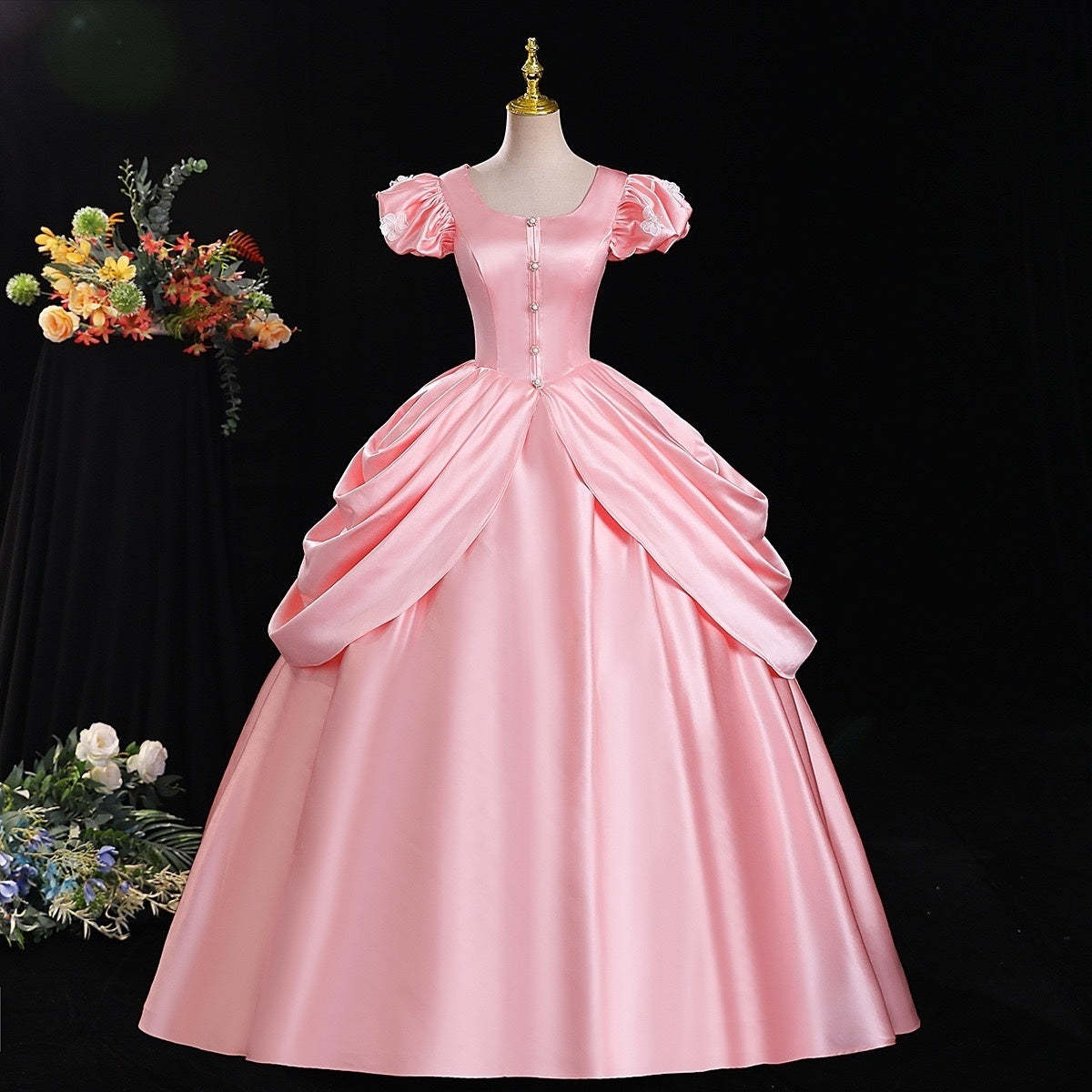 Rococo Victorian Masquerade Ball Gown with Short Sleeves and Round Neck