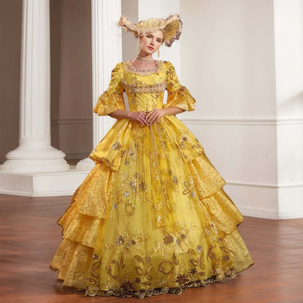 Victorian Masquerade Ball Gown with Lace Details and Round Neckline