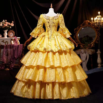 Victorian Masquerade Ball Gown with Lace Details and Round Neckline