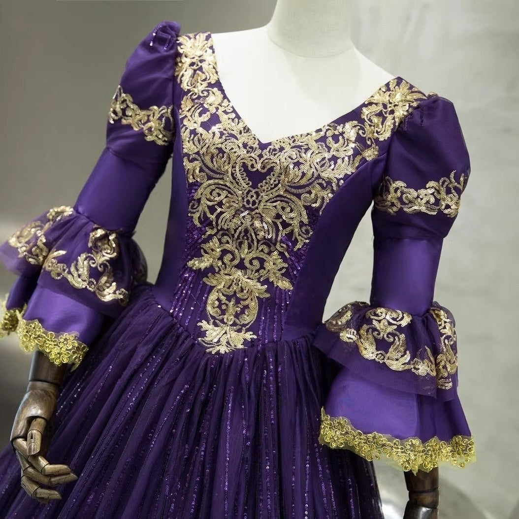 Victorian Masquerade Ball Gown with V-Neck and 3/4 Sleeves for Rococo Prom or Cosplay