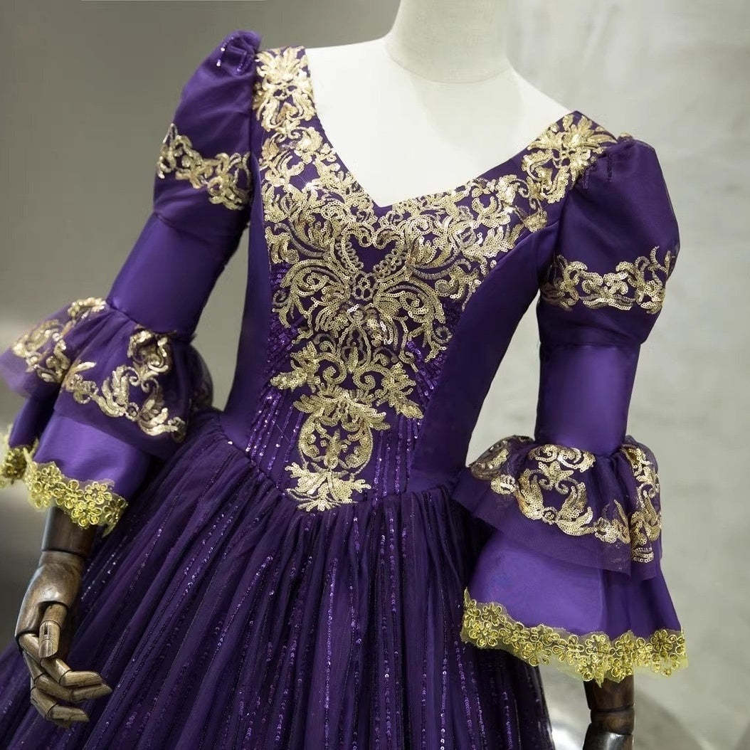 Victorian Masquerade Ball Gown with V-Neck and 3/4 Sleeves for Rococo Prom or Cosplay