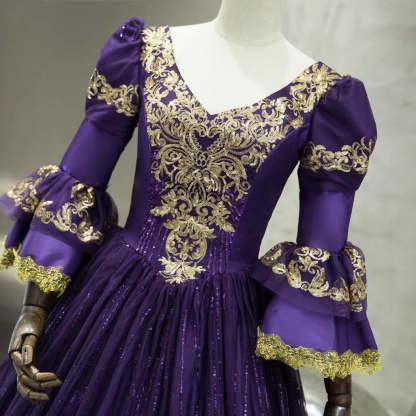 Victorian Masquerade Ball Gown with V-Neck and 3/4 Sleeves for Rococo Prom or Cosplay