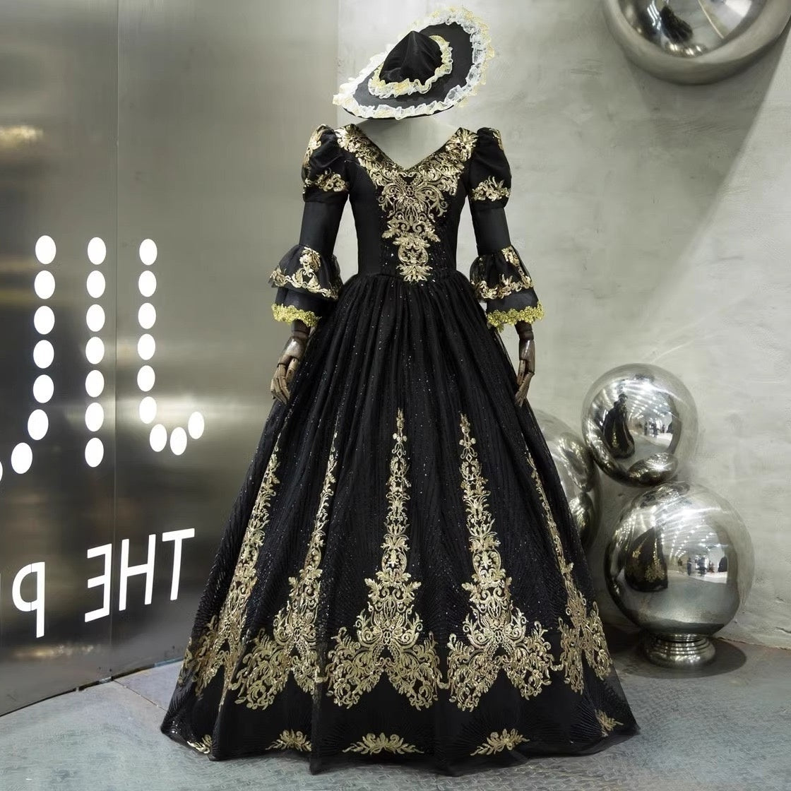 Victorian Masquerade Ball Gown with V-Neck and 3/4 Sleeves for Rococo Prom or Cosplay