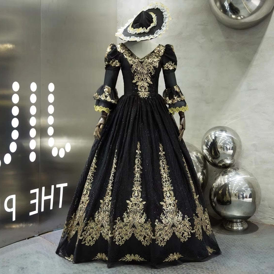 Victorian Masquerade Ball Gown with V-Neck and 3/4 Sleeves for Rococo Prom or Cosplay