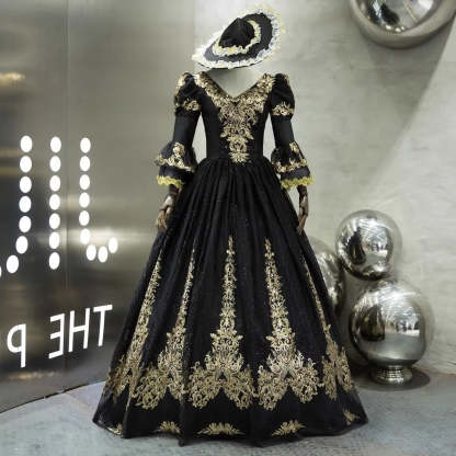 Victorian Masquerade Ball Gown with V-Neck and 3/4 Sleeves for Rococo Prom or Cosplay