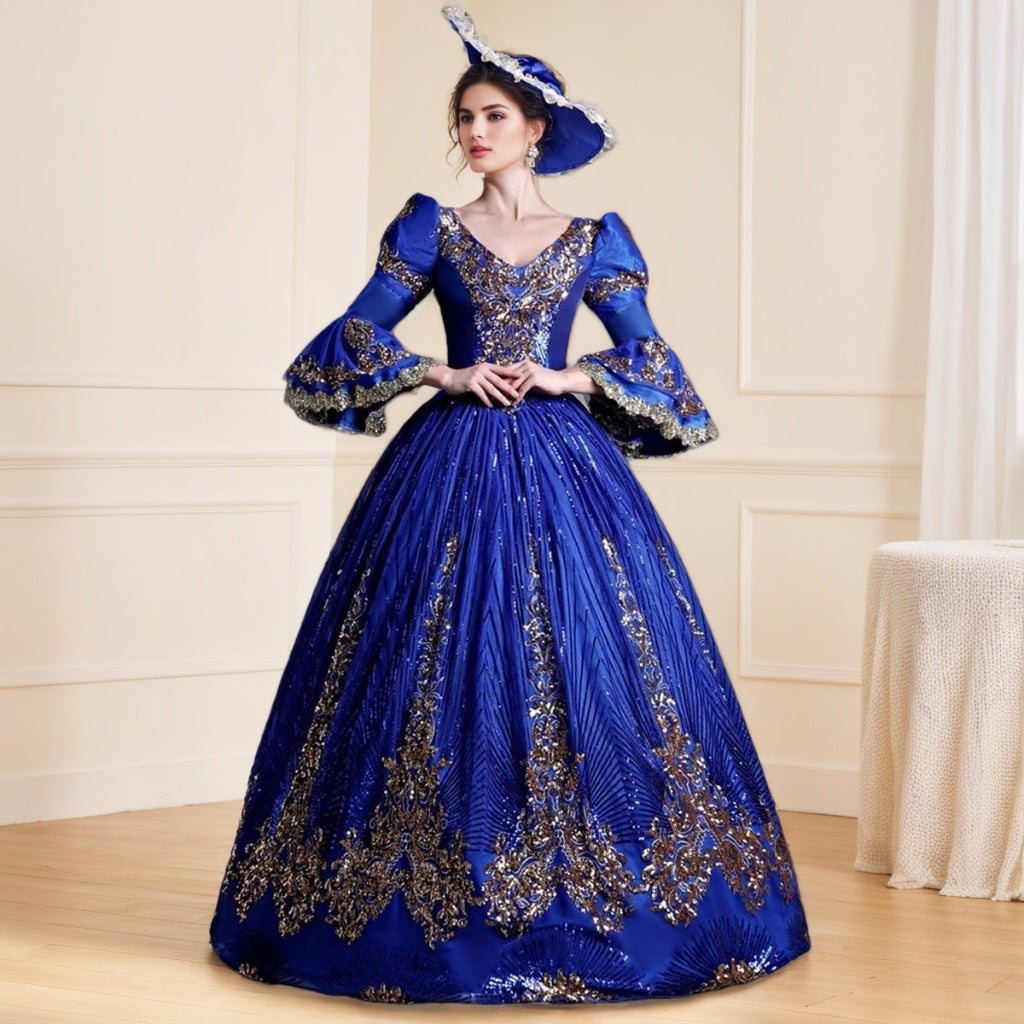 Victorian Masquerade Ball Gown with V-Neck and 3/4 Sleeves for Rococo Prom or Cosplay