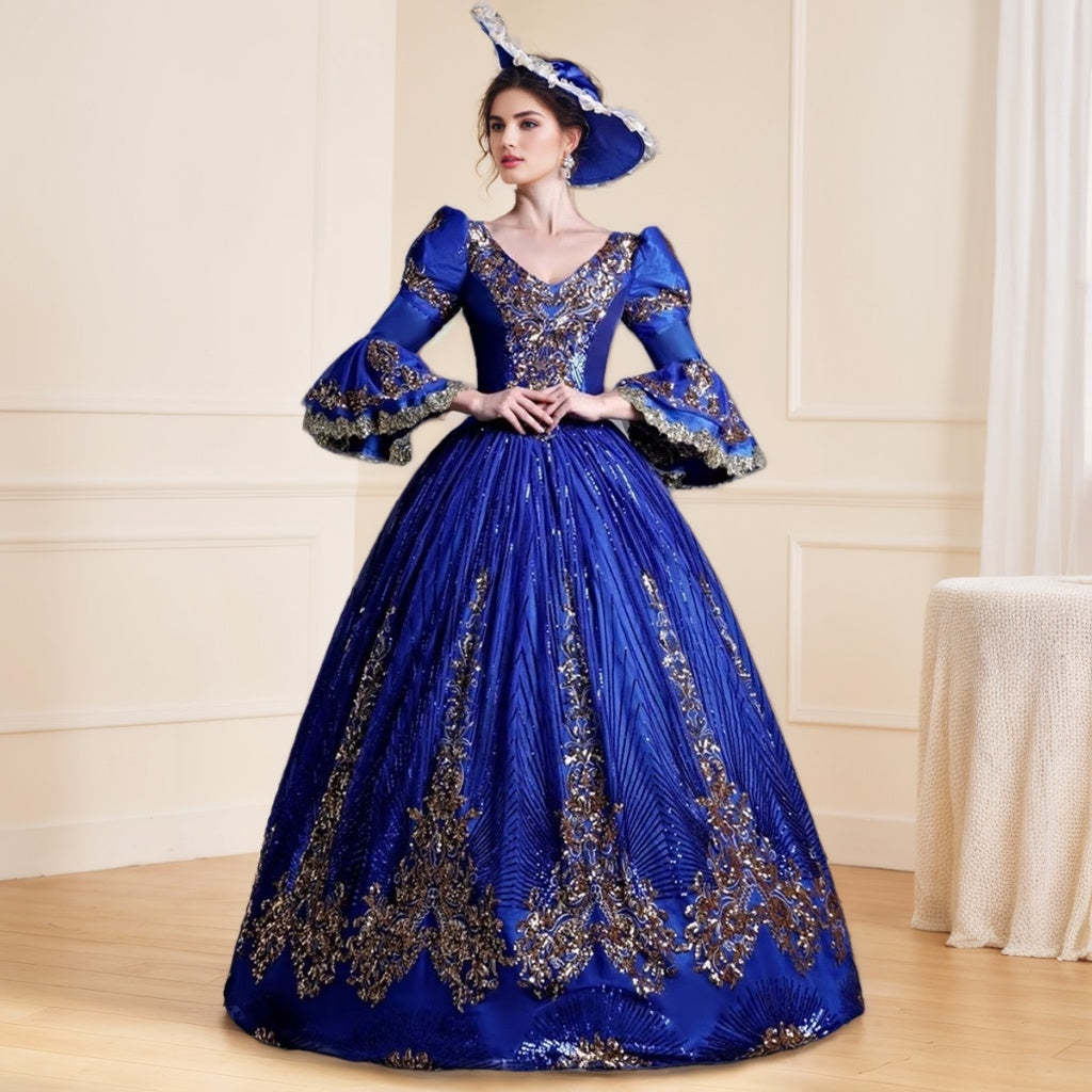 Victorian Masquerade Ball Gown with V-Neck and 3/4 Sleeves for Rococo Prom or Cosplay