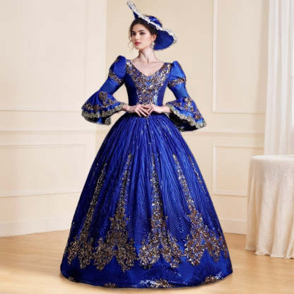 Victorian Masquerade Ball Gown with V-Neck and 3/4 Sleeves for Rococo Prom or Cosplay