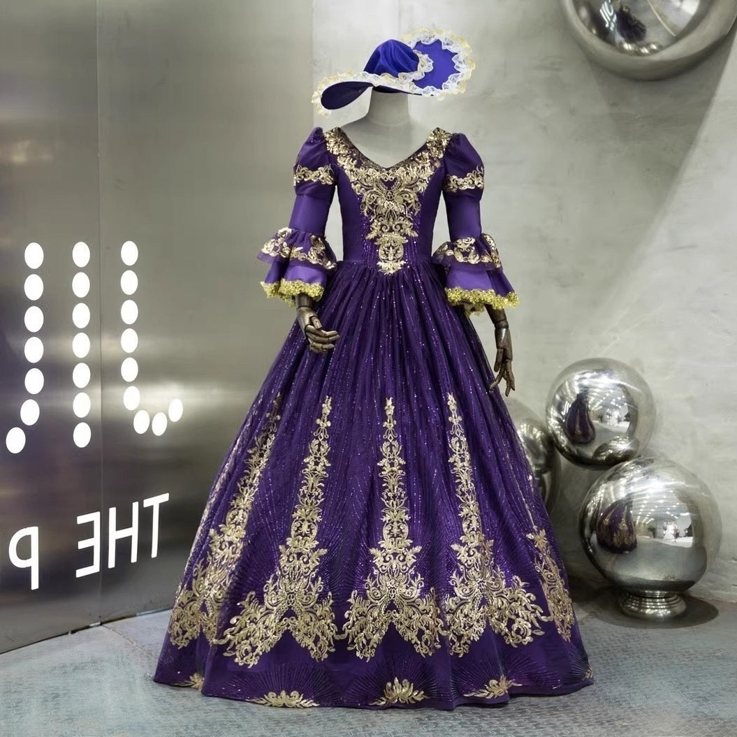 Victorian Masquerade Ball Gown with V-Neck and 3/4 Sleeves for Rococo Prom or Cosplay