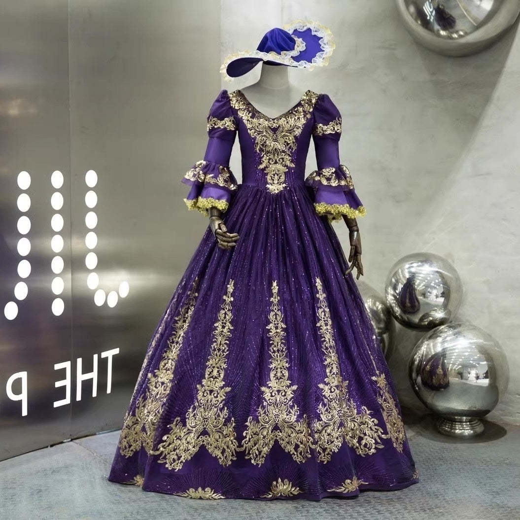 Victorian Masquerade Ball Gown with V-Neck and 3/4 Sleeves for Rococo Prom or Cosplay