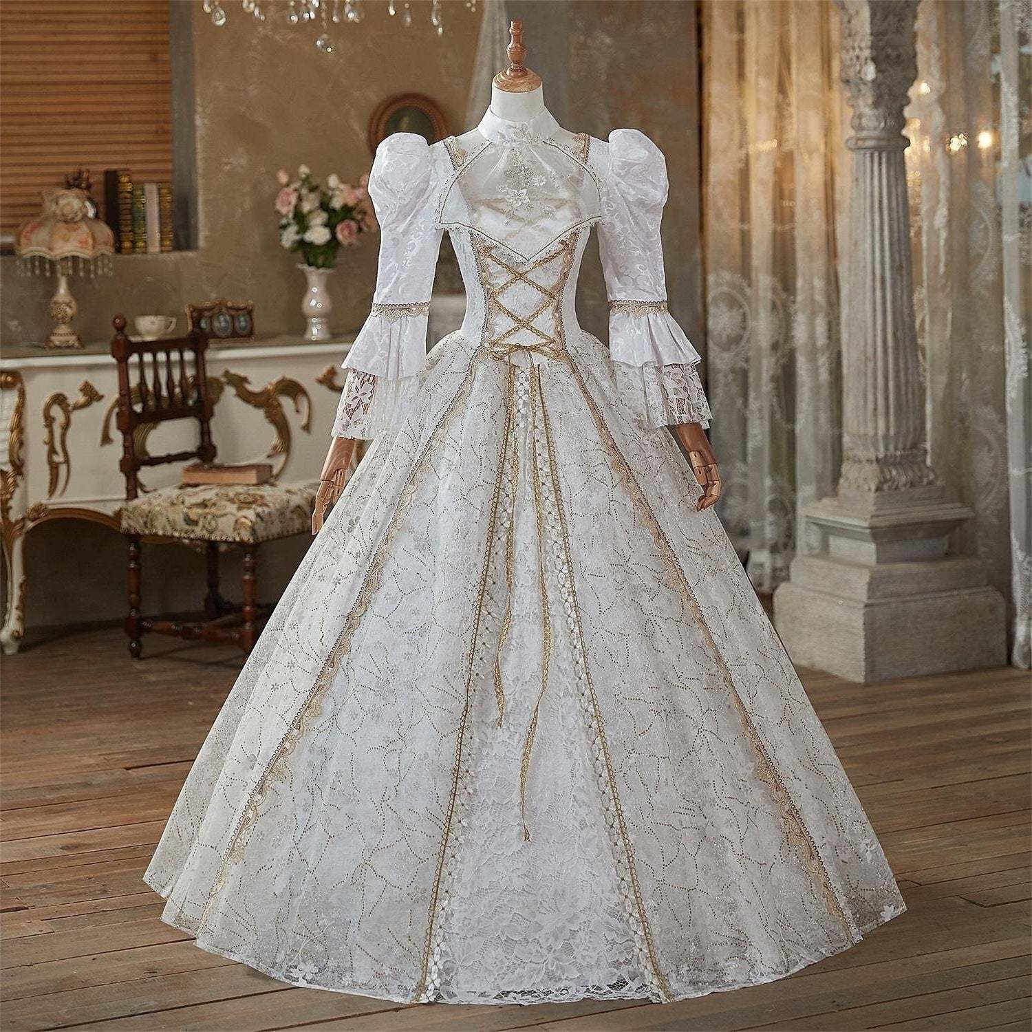 Victorian Rococo Masquerade Ball Gown with Jewel Neck and 3/4 Lace Sleeves