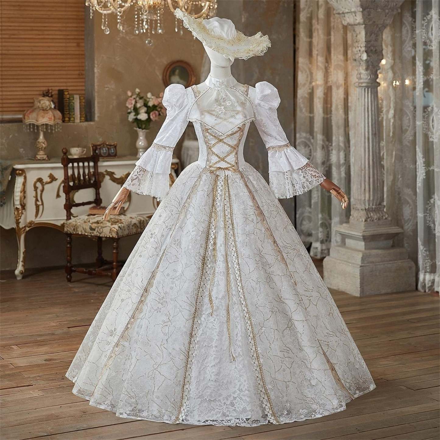 Victorian Rococo Masquerade Ball Gown with Jewel Neck and 3/4 Lace Sleeves