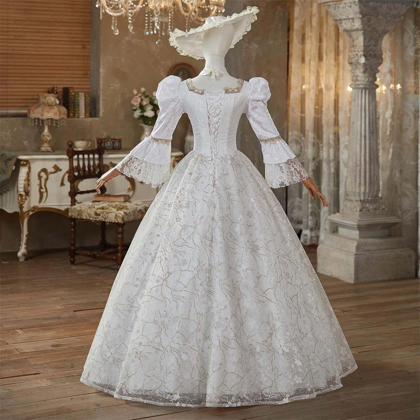 Victorian Rococo Masquerade Ball Gown with Jewel Neck and 3/4 Lace Sleeves