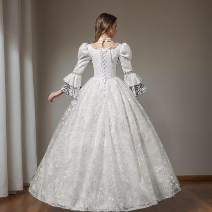 Victorian Rococo Masquerade Ball Gown with Jewel Neck and 3/4 Lace Sleeves