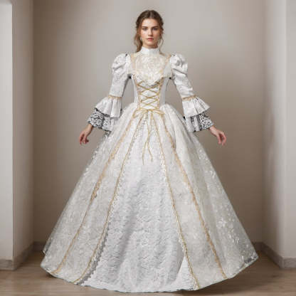 Victorian Rococo Masquerade Ball Gown with Jewel Neck and 3/4 Lace Sleeves