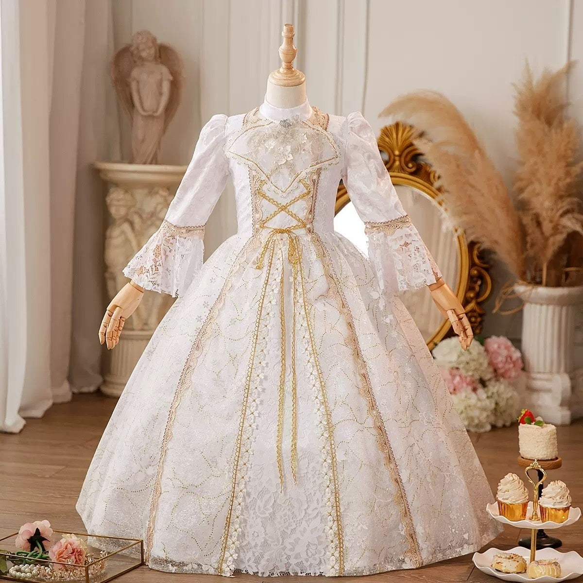 Victorian Rococo Ball Gown for Girls with Jewel Neck and 3/4 Sleeves