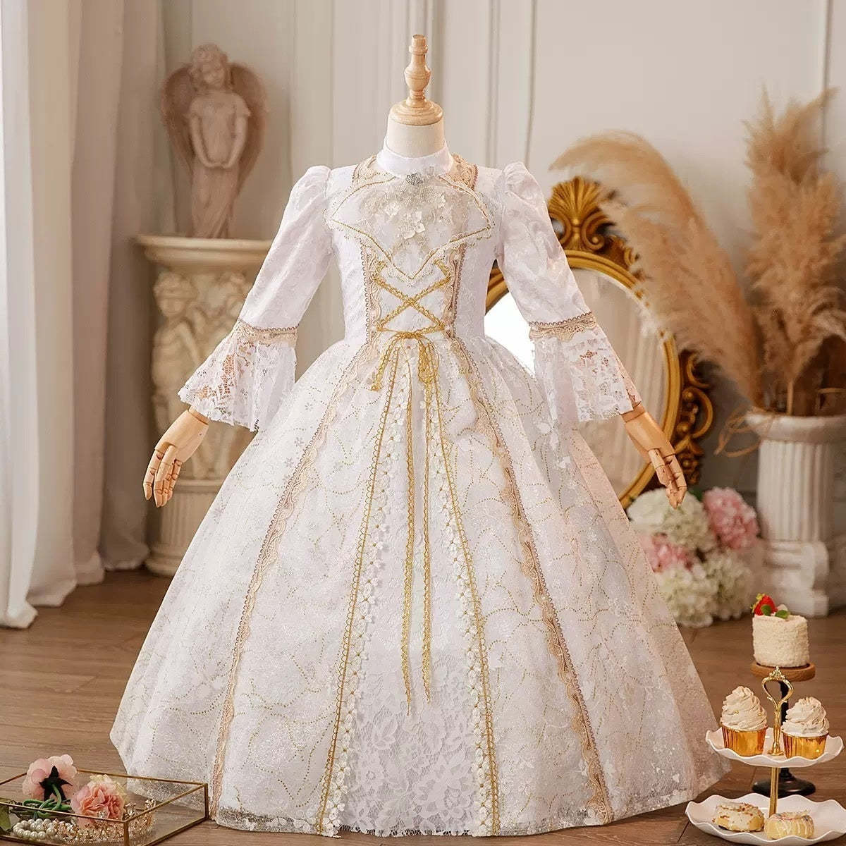 Victorian Rococo Ball Gown for Girls with Jewel Neck and 3/4 Sleeves