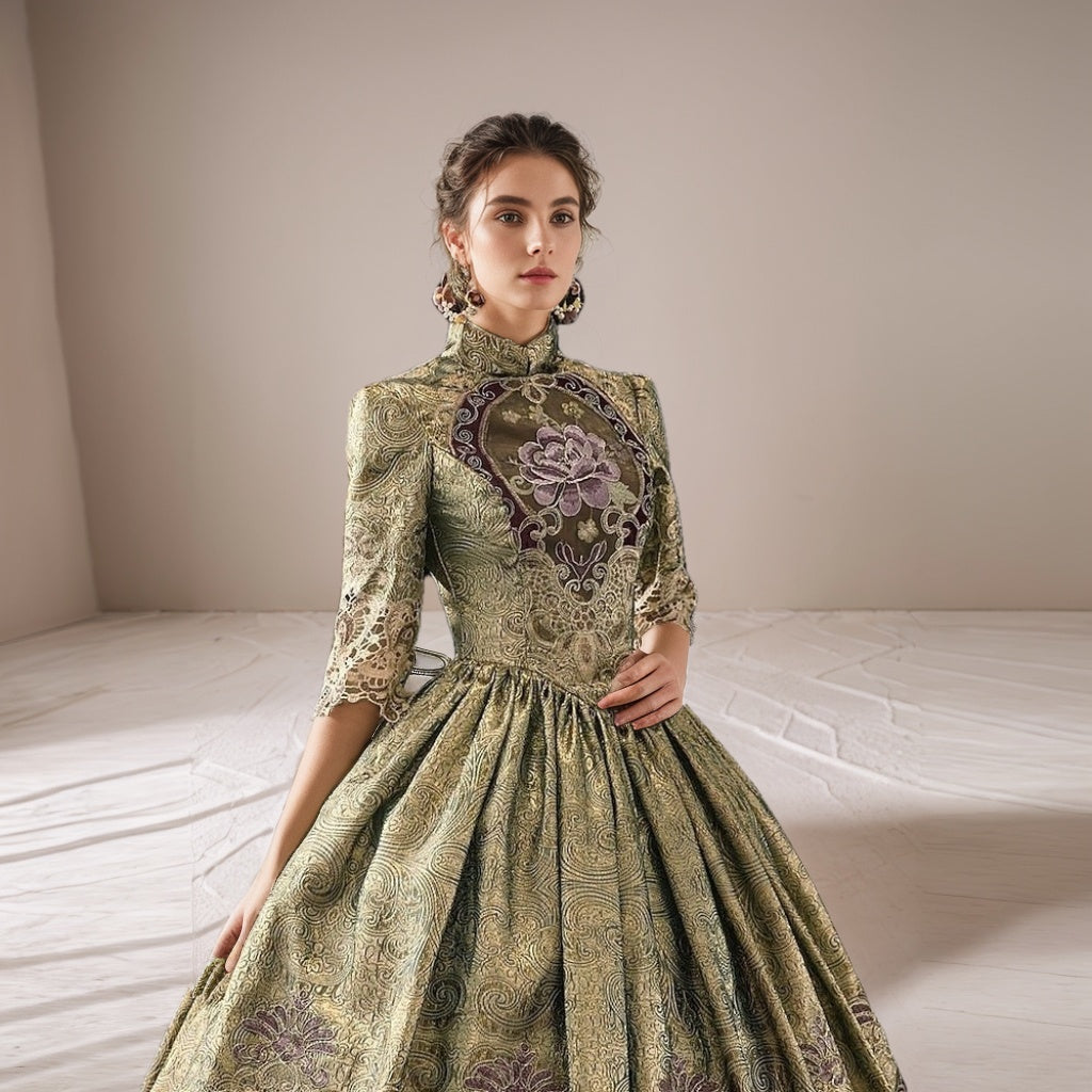Victorian Masquerade Ball Gown with Jewel Neck and Half Sleeves Floor-Length Rococo Party Dress