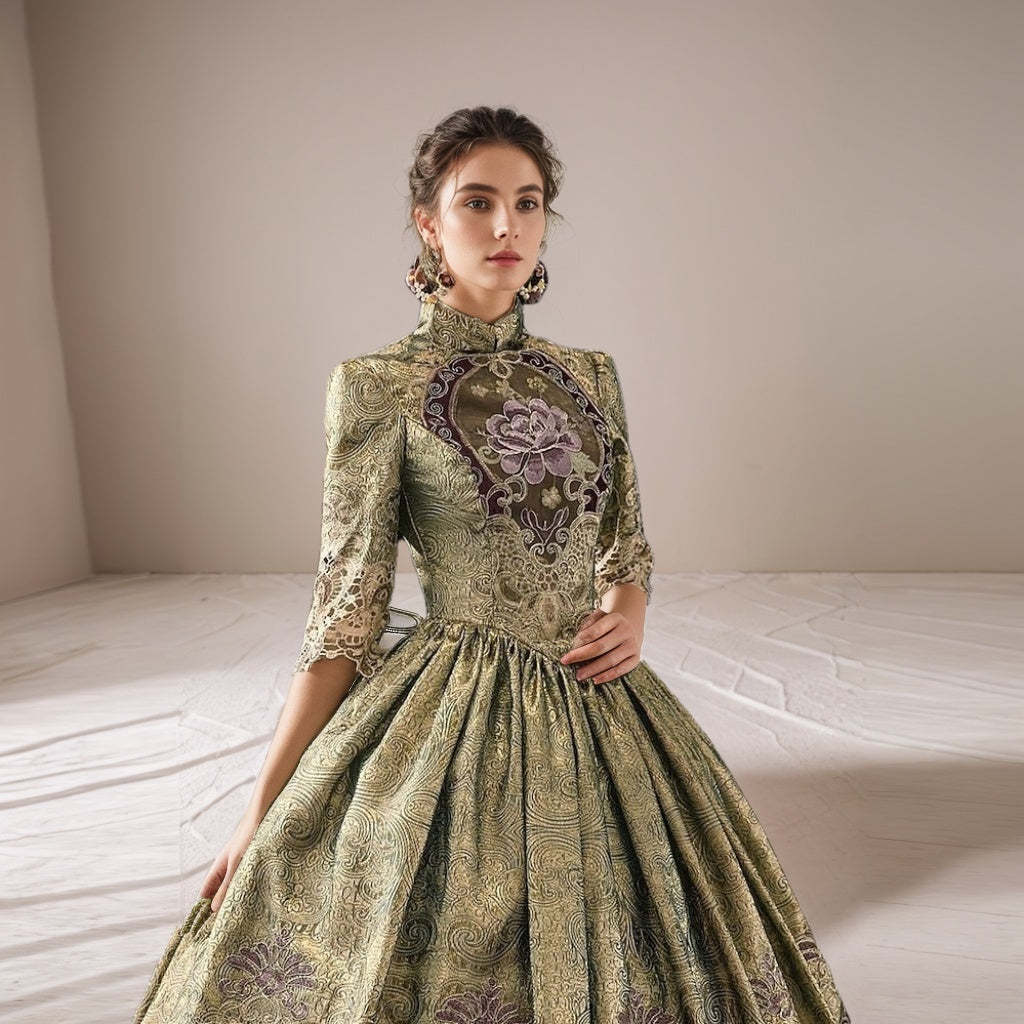 Victorian Masquerade Ball Gown with Jewel Neck and Half Sleeves Floor-Length Rococo Party Dress