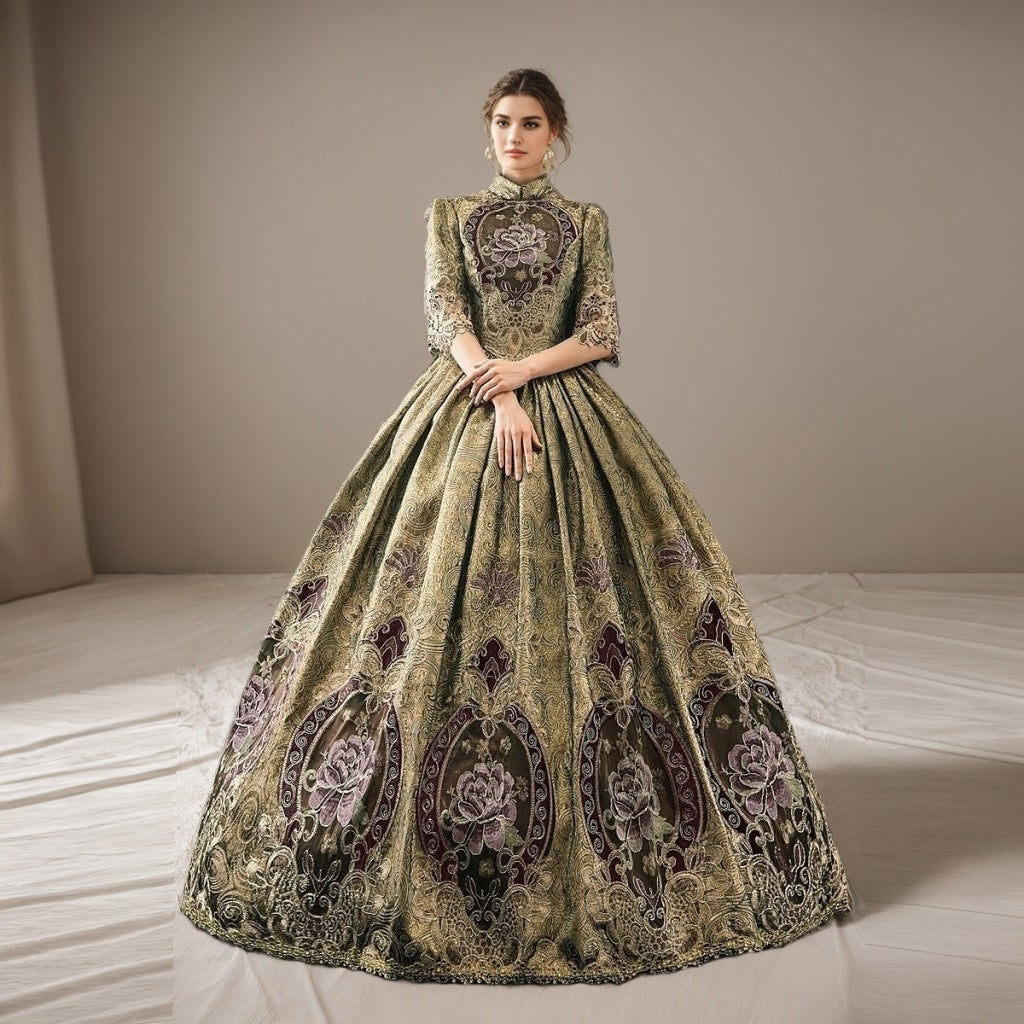 Victorian Masquerade Ball Gown with Jewel Neck and Half Sleeves Floor-Length Rococo Party Dress