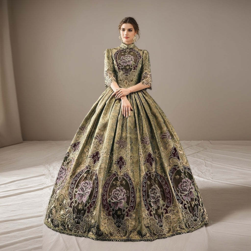 Victorian Masquerade Ball Gown with Jewel Neck and Half Sleeves Floor-Length Rococo Party Dress