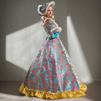 Victorian Rococo Prom Dress with Square Neck and 3/4 Sleeves