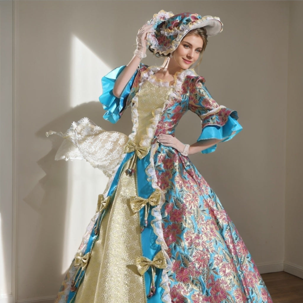 Victorian Rococo Prom Dress with Square Neck and 3/4 Sleeves