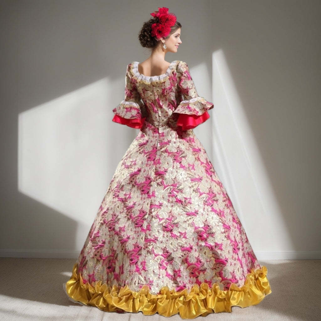Victorian Rococo Prom Dress with Square Neck and 3/4 Sleeves