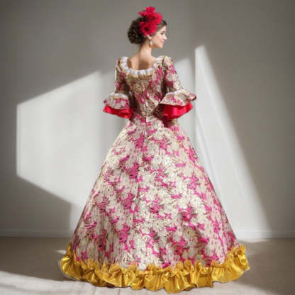 Victorian Rococo Prom Dress with Square Neck and 3/4 Sleeves