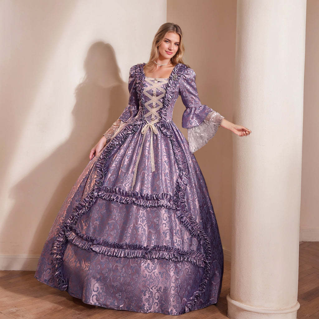 Gothic Victorian Vintage Inspired Medieval Princess Prom Dress with Square Neck and 3/4 Sleeves