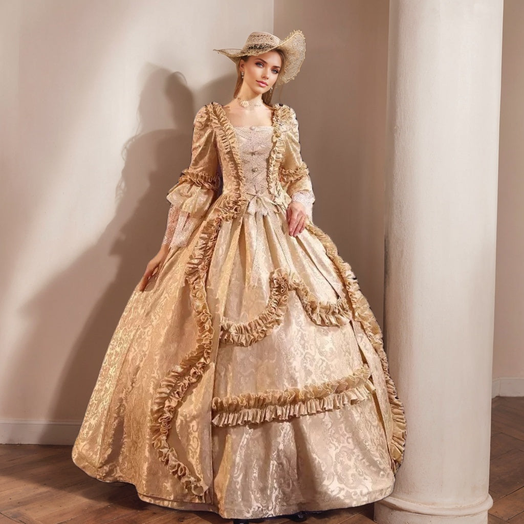 Gothic Victorian Vintage Inspired Medieval Princess Prom Dress with Square Neck and 3/4 Sleeves