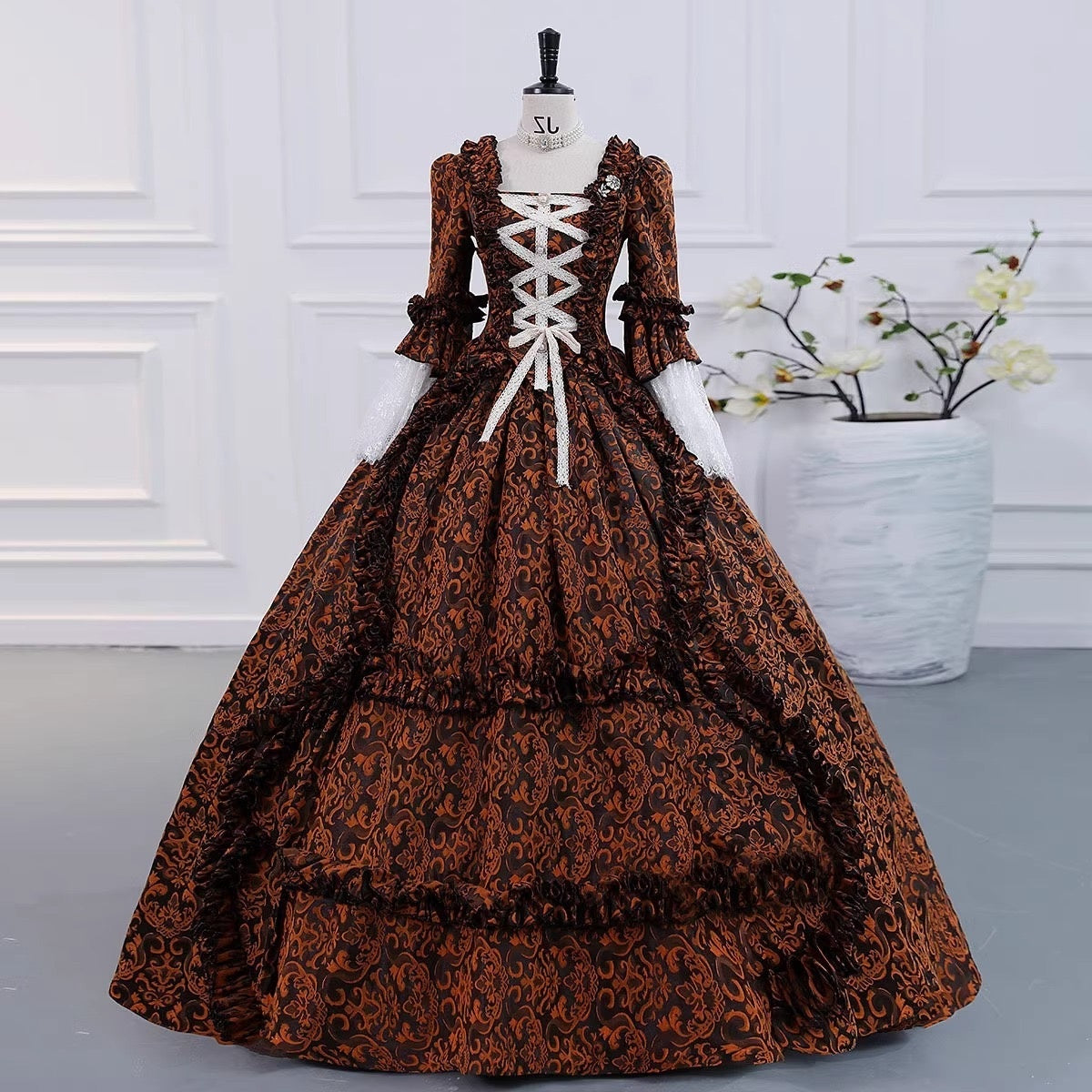 Gothic Victorian Vintage Inspired Medieval Princess Prom Dress with Square Neck and 3/4 Sleeves