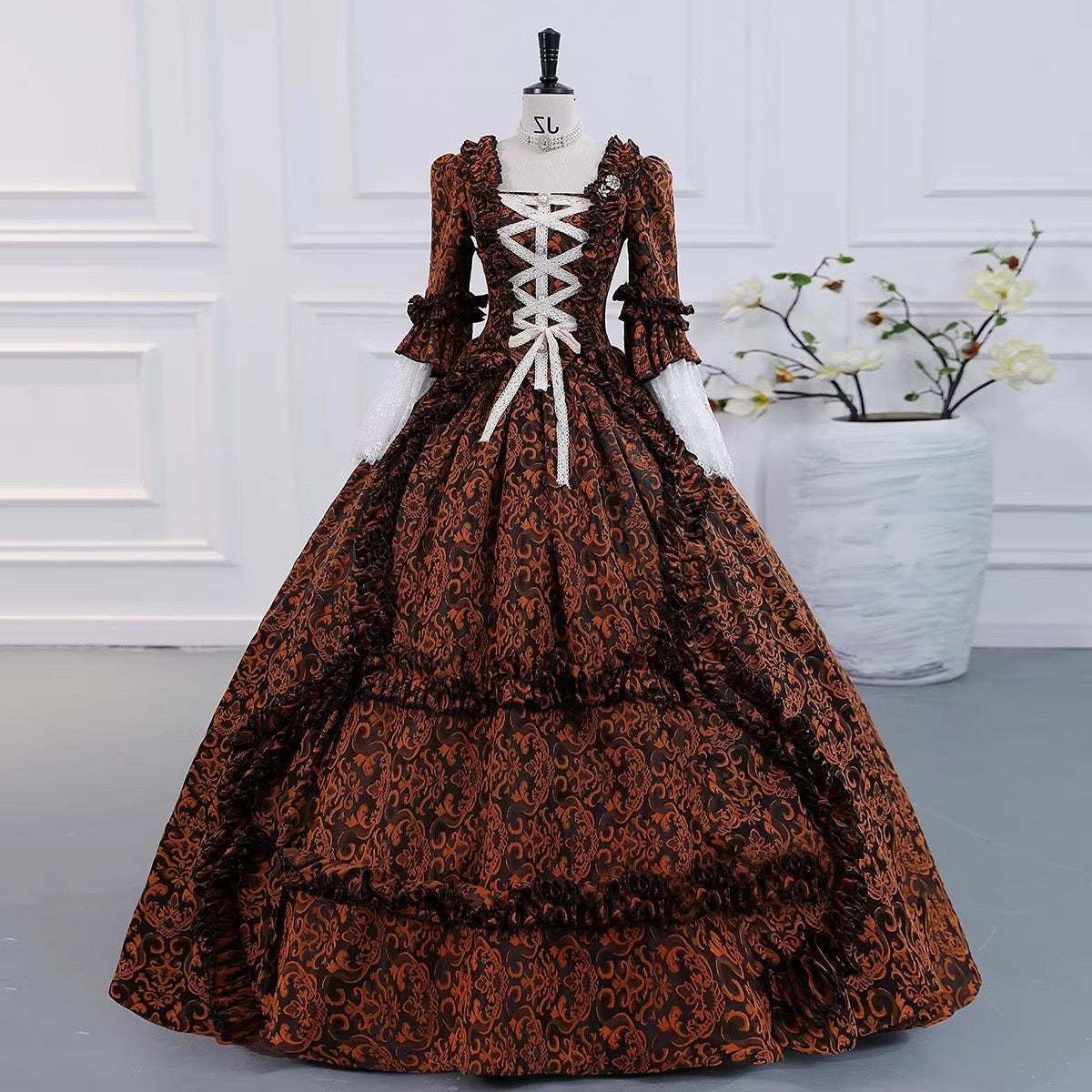 Gothic Victorian Vintage Inspired Medieval Princess Prom Dress with Square Neck and 3/4 Sleeves