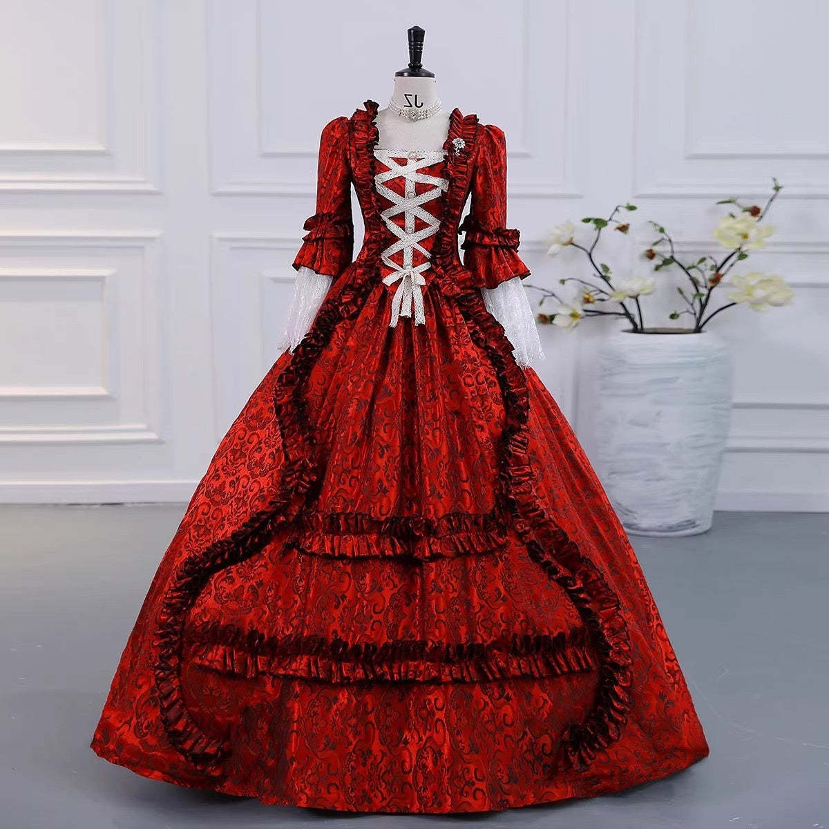Gothic Victorian Vintage Inspired Medieval Princess Prom Dress with Square Neck and 3/4 Sleeves