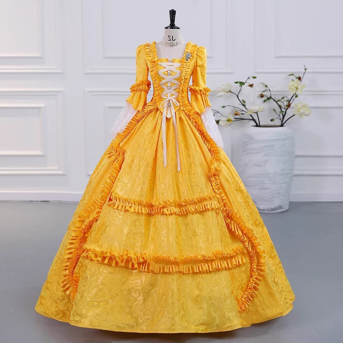 Gothic Victorian Vintage Inspired Medieval Princess Prom Dress with Square Neck and 3/4 Sleeves