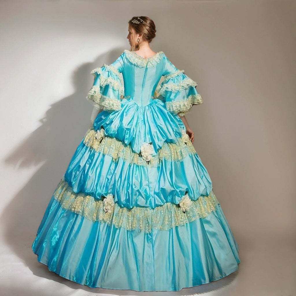 Victorian Rococo Masquerade Ball Gown with 3/4 Sleeves and Round Neck