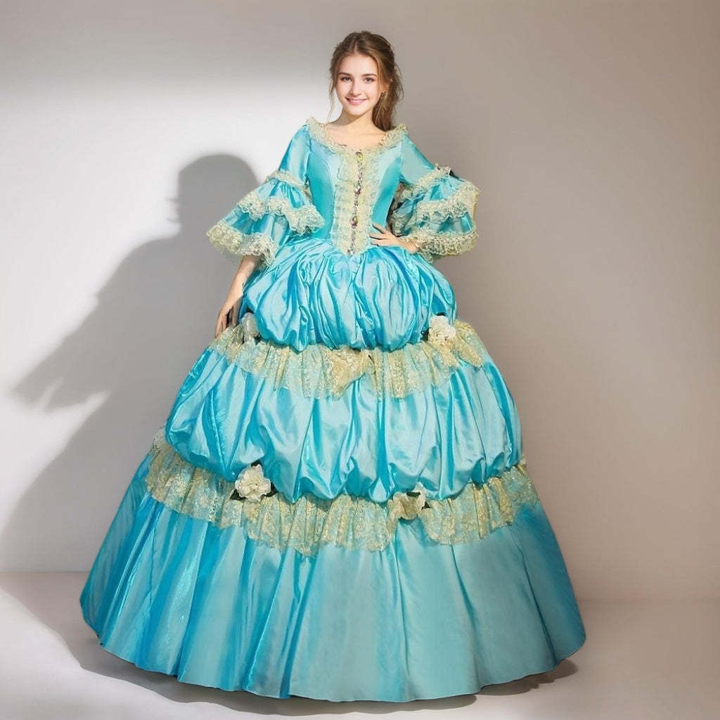 Victorian Rococo Masquerade Ball Gown with 3/4 Sleeves and Round Neck