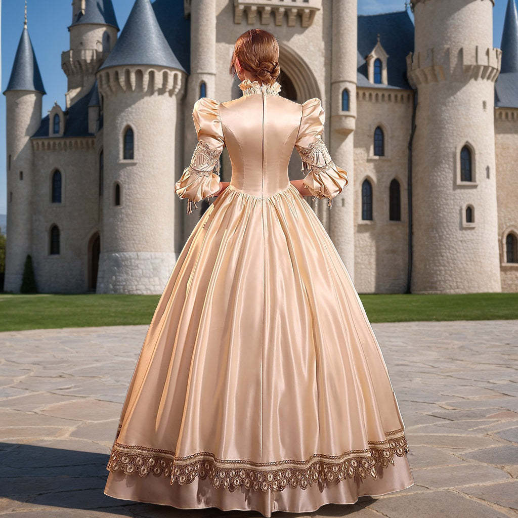 Royal Victorian Masquerade Ball Gown with Jewel Neck and 3/4 Sleeves