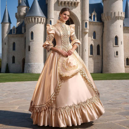Royal Victorian Masquerade Ball Gown with Jewel Neck and 3/4 Sleeves