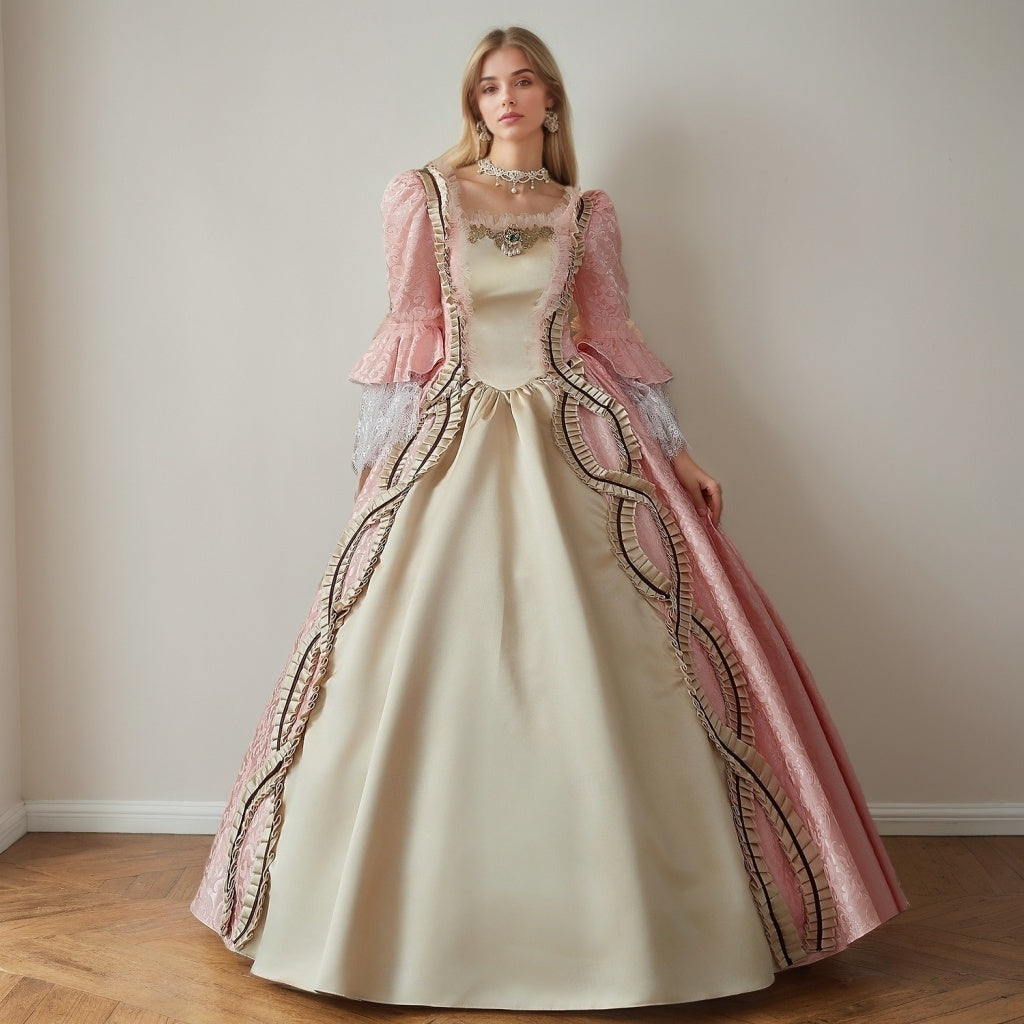 Victorian Princess Prom Dress with Square Neck Long Sleeves and Floor-Length Lace Ball Gown