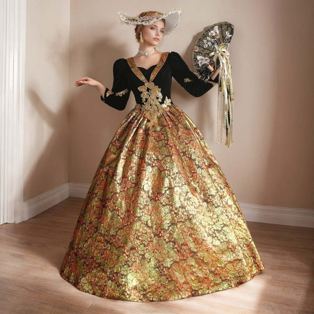 Royal Victorian Masquerade Ball Gown with Sweetheart Neckline and 3/4 Sleeves
