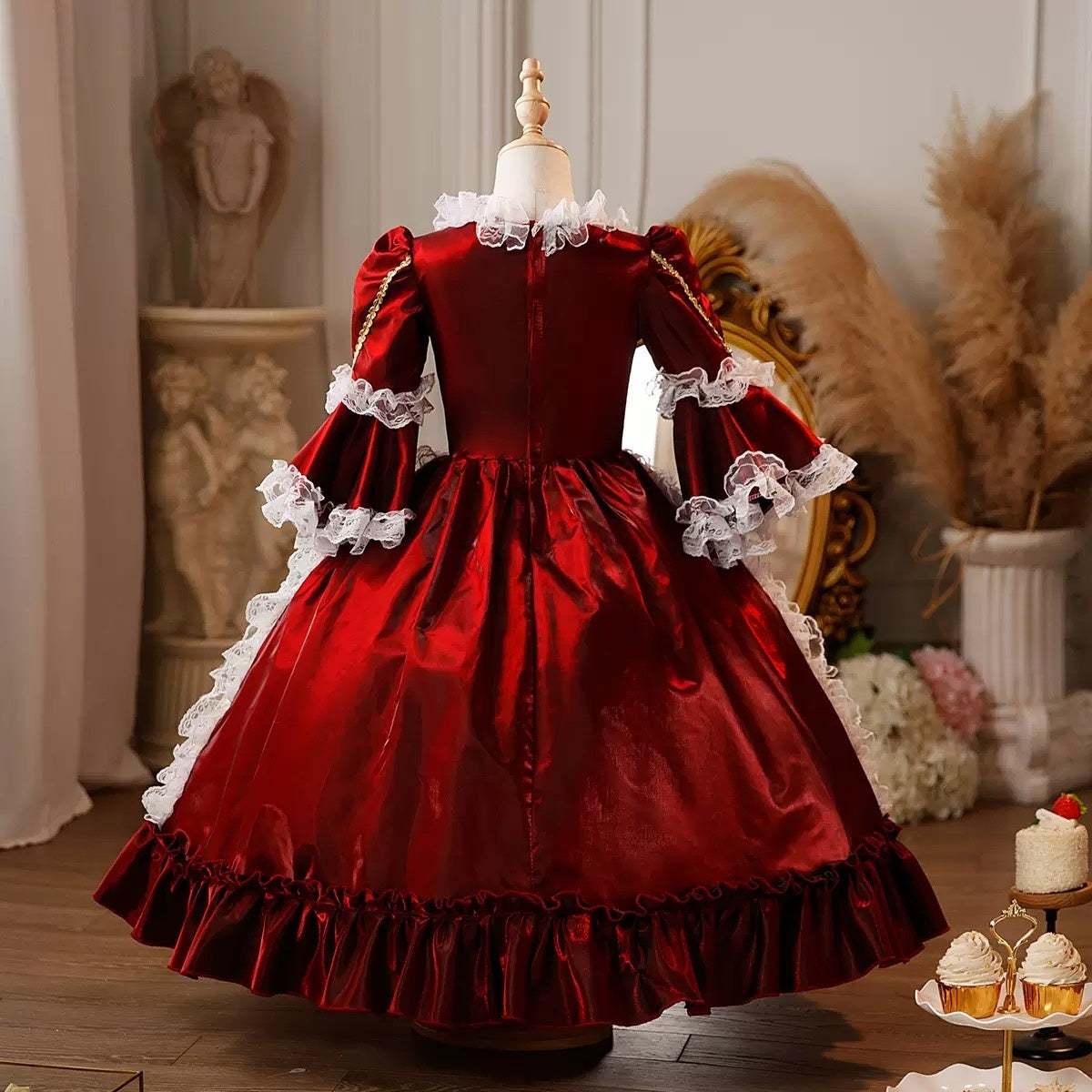 Victorian Princess Rococo Ball Gown with 3/4 Sleeves and Lace Details