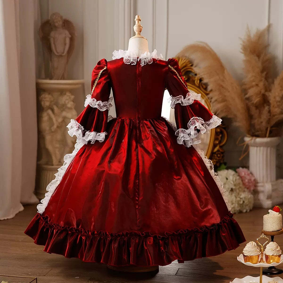 Victorian Princess Rococo Ball Gown with 3/4 Sleeves and Lace Details