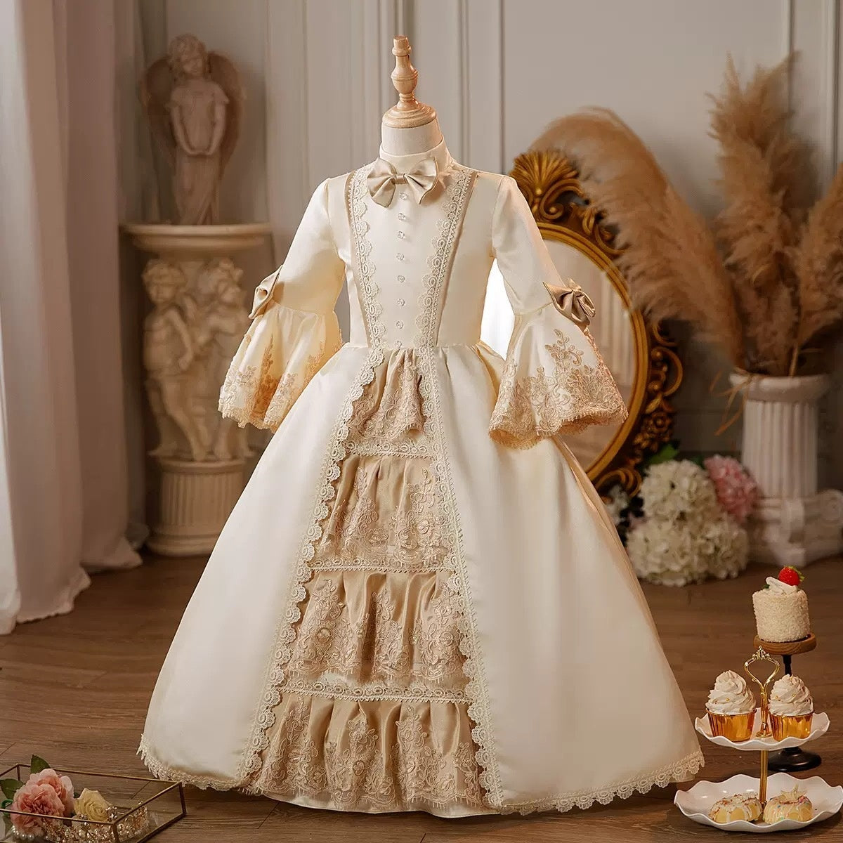 Victorian Princess Ball Gown with Jewel Neck and 3/4 Sleeves for Girls