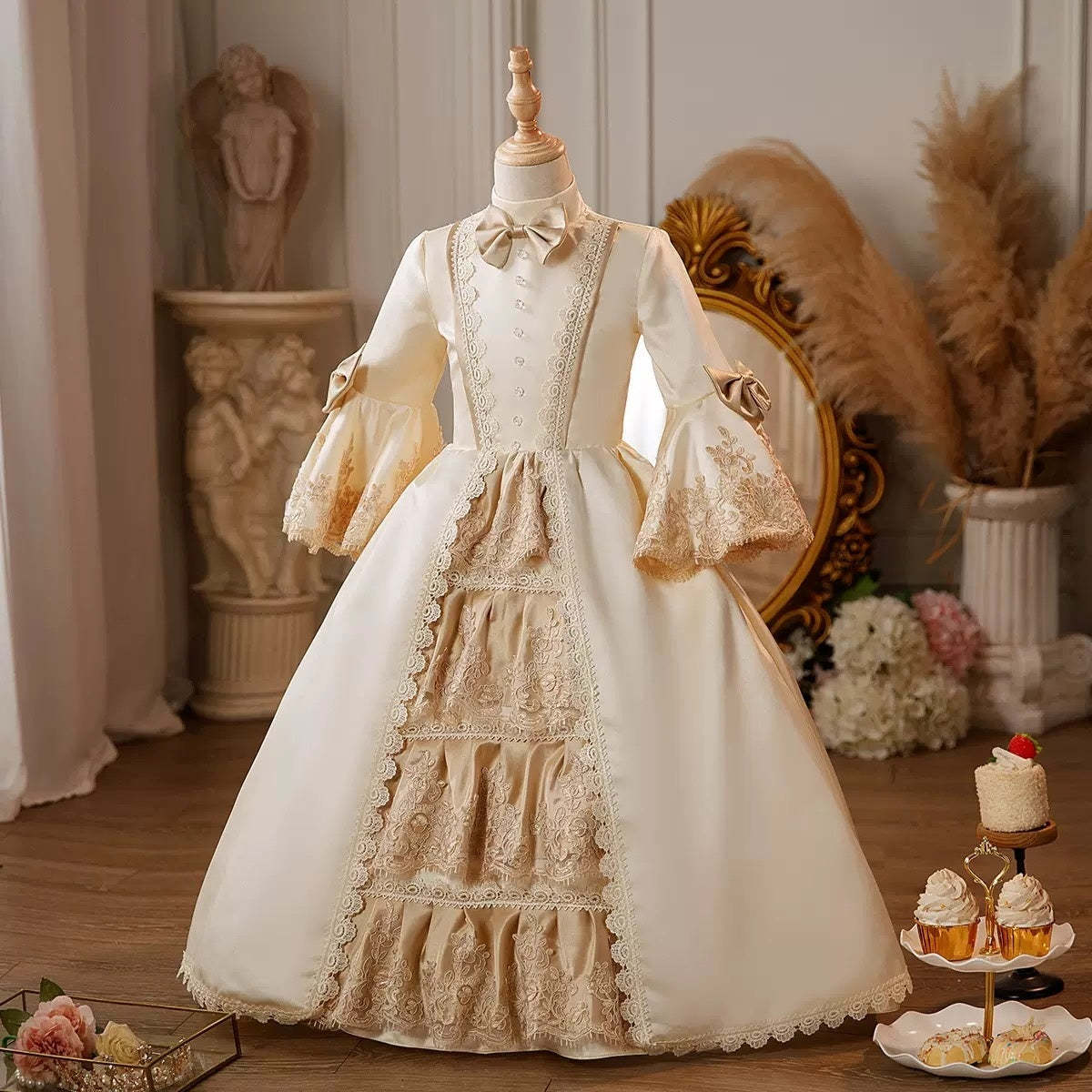 Victorian Princess Ball Gown with Jewel Neck and 3/4 Sleeves for Girls