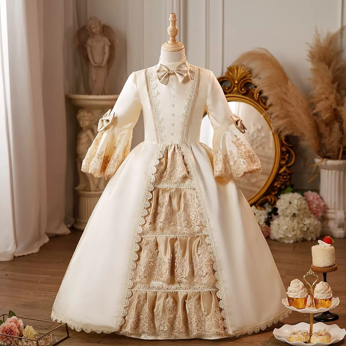 Victorian Princess Ball Gown with Jewel Neck and 3/4 Sleeves for Girls