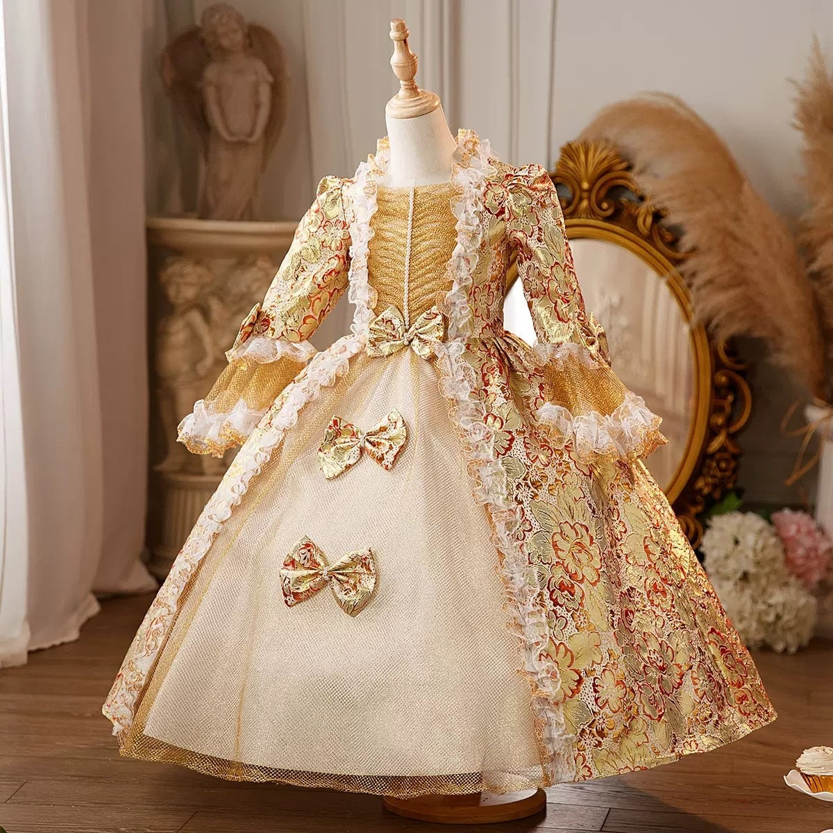 Victorian Princess Costume with 3/4 Sleeves and Bowknot – Floor Length Lace Ball Gown for Girls