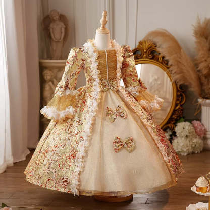Victorian Princess Costume with 3/4 Sleeves and Bowknot – Floor Length Lace Ball Gown for Girls