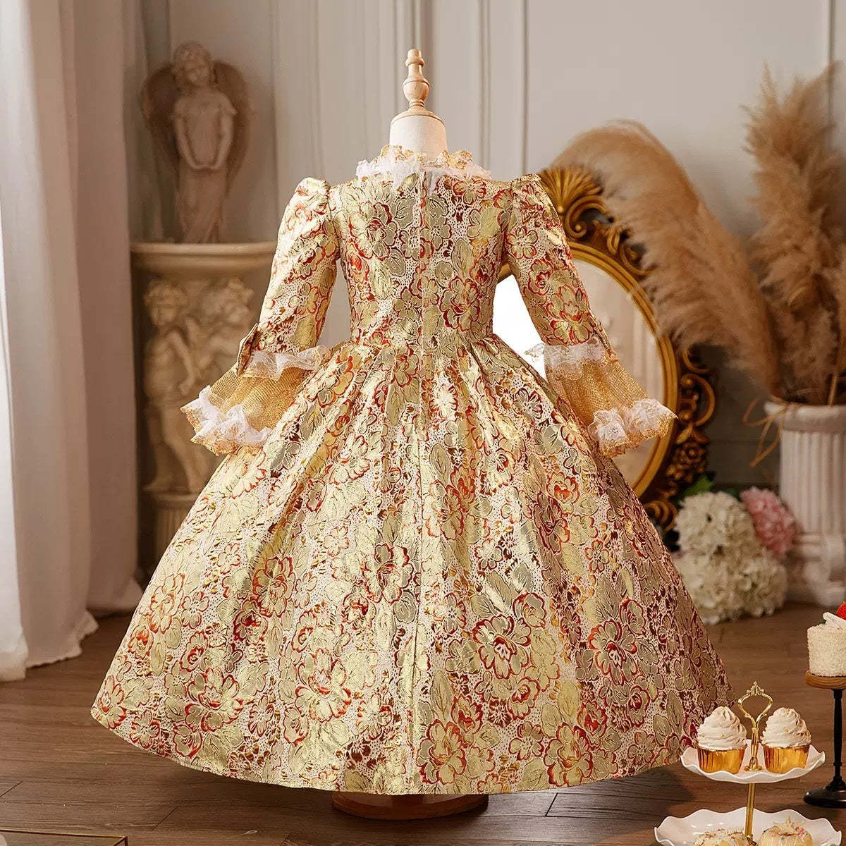 Victorian Princess Costume with 3/4 Sleeves and Bowknot – Floor Length Lace Ball Gown for Girls